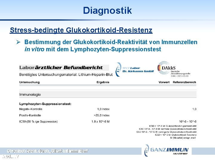 Diagnostik Stress-bedingte Glukokortikoid-Resistenz Ø Bestimmung der Glukokortikoid-Reaktivität von Immunzellen in vitro mit dem Lymphozyten-Suppressionstest