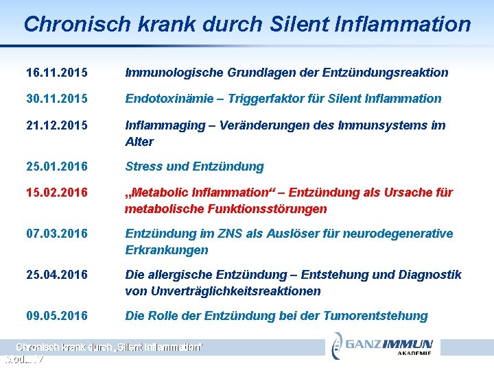 Chronisch krank durch Silent Inflammation 16. 11. 2015 Immunologische Grundlagen der Entzündungsreaktion 30. 11.
