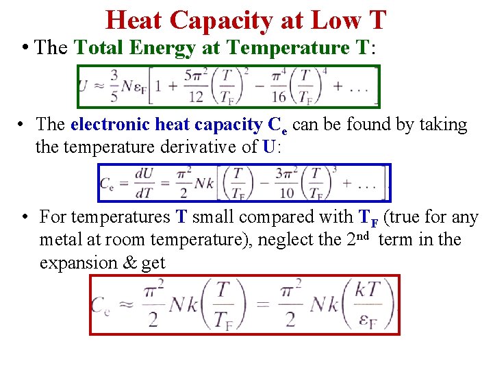 Heat Capacity at Low T • The Total Energy at Temperature T: • The