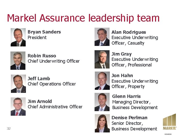 Markel Assurance leadership team 32 Bryan Sanders President Alan Rodrigues Executive Underwriting Officer, Casualty