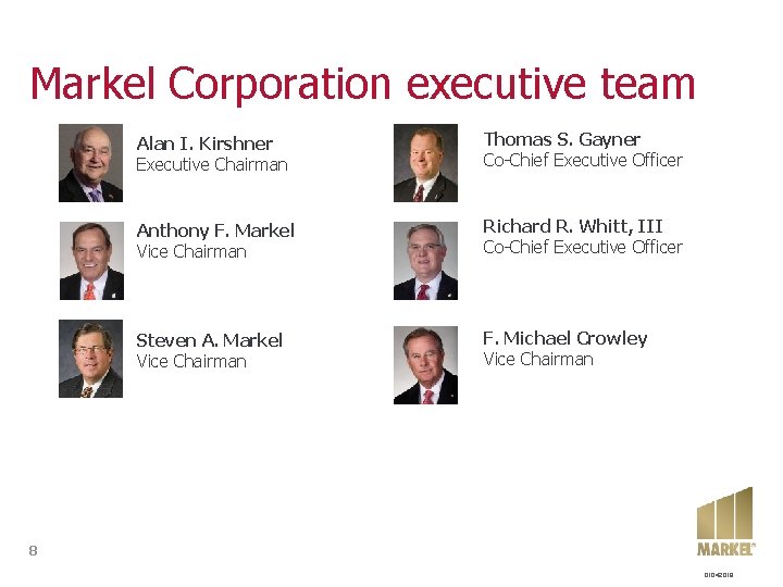 Markel Corporation executive team Alan I. Kirshner Executive Chairman Thomas S. Gayner Co-Chief Executive