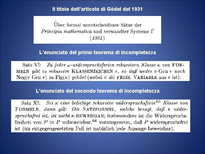 Il titolo dell’articolo di Gödel 1931 L’enunciato del primo teorema di incompletezza L’enunciato del