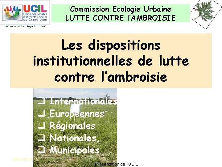 Commission Ecologie Urbaine LUTTE CONTRE l’AMBROISIE Commission Ecologie Urbaine Les dispositions institutionnelles de lutte