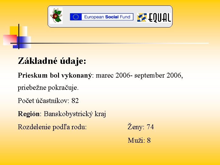 Základné údaje: Prieskum bol vykonaný: marec 2006 - september 2006, priebežne pokračuje. Počet účastníkov: