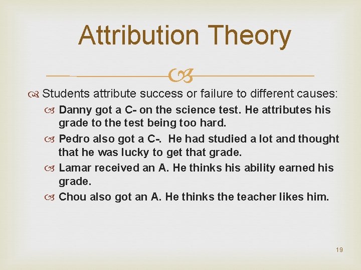 Attribution Theory Students attribute success or failure to different causes: Danny got a C-