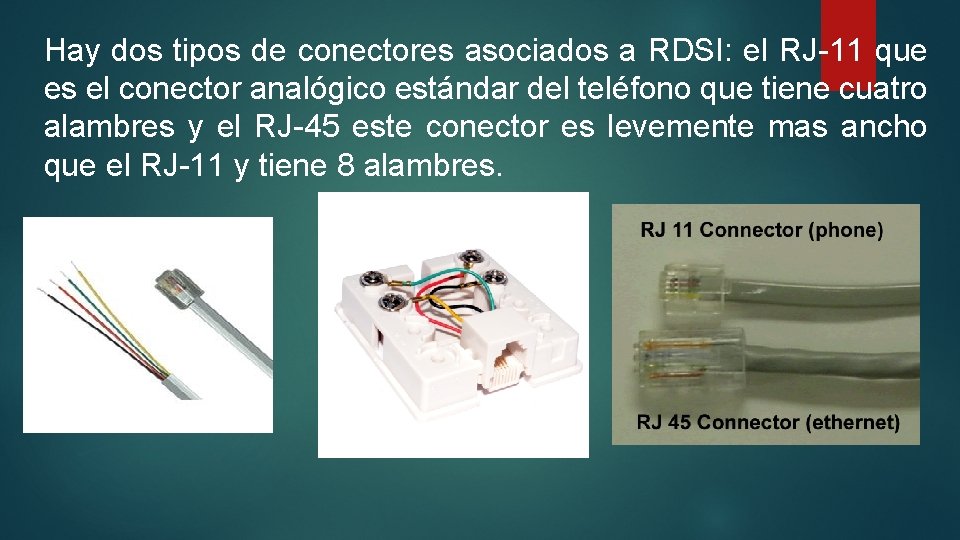 Hay dos tipos de conectores asociados a RDSI: el RJ-11 que es el conector