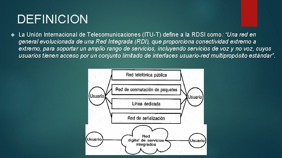 DEFINICION La Unión Internacional de Telecomunicaciones (ITU-T) define a la RDSI como: “Una red