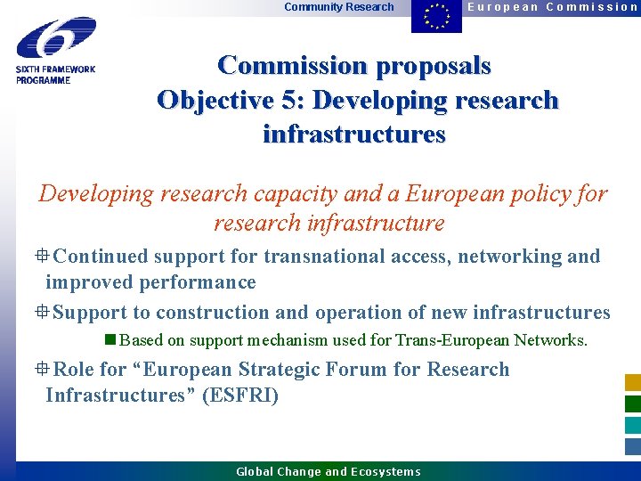 Community Research European Commission proposals Objective 5: Developing research infrastructures Developing research capacity and Community Research European Commission proposals Objective 5: Developing research infrastructures Developing research capacity and