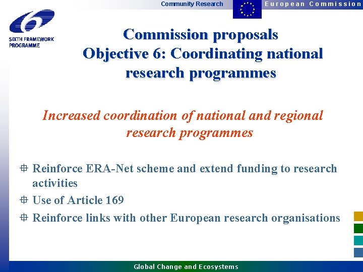 Community Research European Commission proposals Objective 6: Coordinating national research programmes Increased coordination of Community Research European Commission proposals Objective 6: Coordinating national research programmes Increased coordination of