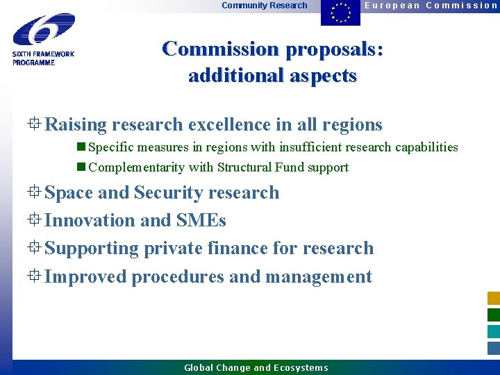 Community Research European Commission proposals: additional aspects ° Raising research excellence in all regions Community Research European Commission proposals: additional aspects ° Raising research excellence in all regions