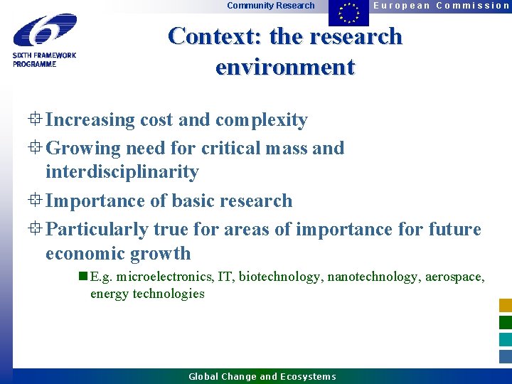 Community Research European Commission Context: the research environment ° Increasing cost and complexity ° Community Research European Commission Context: the research environment ° Increasing cost and complexity °