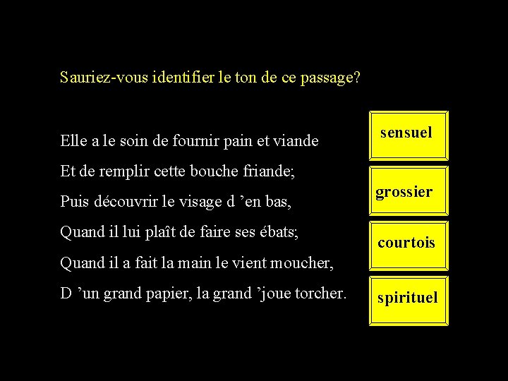 Sauriez-vous identifier le ton de ce passage? Elle a le soin de fournir pain