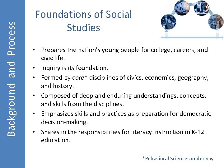 What is the C 3 Framework? Background and Process Foundations of Social Studies •