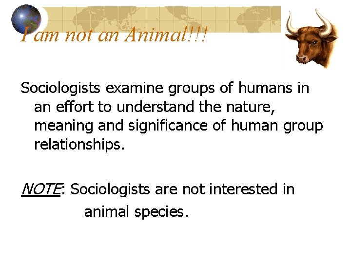 I am not an Animal!!! Sociologists examine groups of humans in an effort to