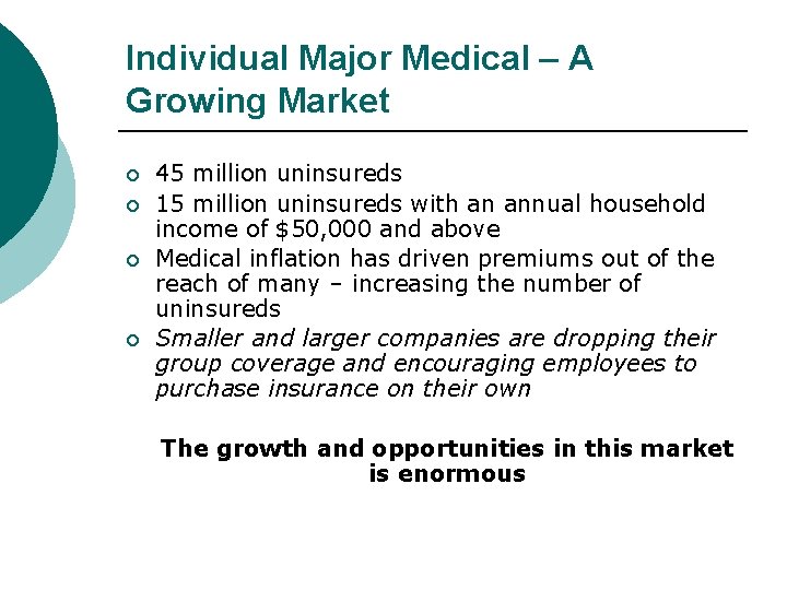 Individual Major Medical – A Growing Market ¡ ¡ 45 million uninsureds 15 million