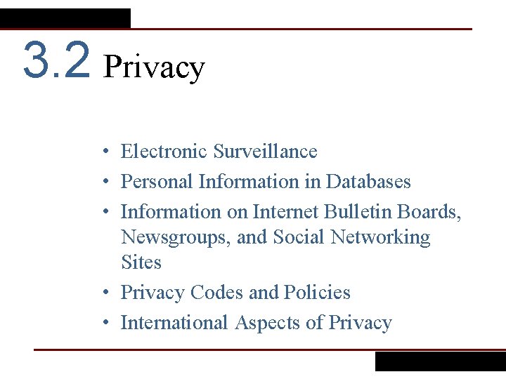 3. 2 Privacy • Electronic Surveillance • Personal Information in Databases • Information on