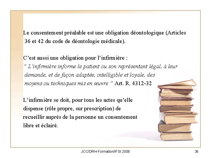Le consentement préalable est une obligation déontologique (Articles 36 et 42 du code de