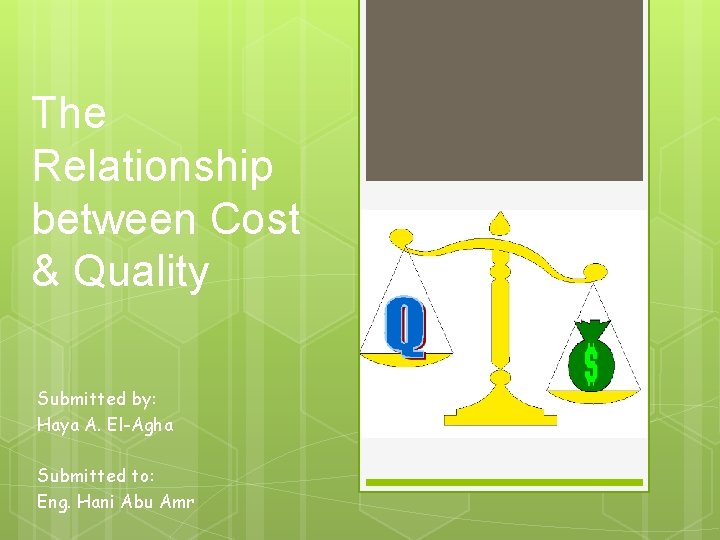 The Relationship between Cost & Quality Submitted by: Haya A. El-Agha Submitted to: Eng.