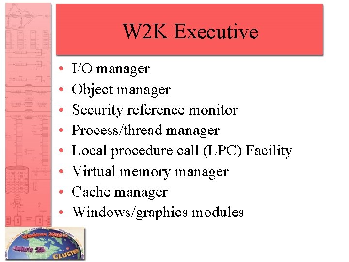 W 2 K Executive • • I/O manager Object manager Security reference monitor Process/thread