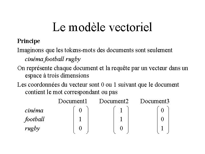 Le modèle vectoriel Principe Imaginons que les tokens-mots des documents sont seulement cinéma football