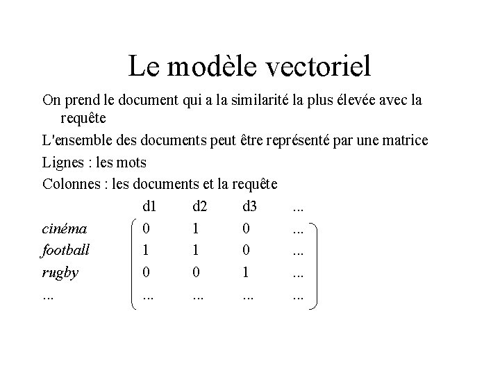 Le modèle vectoriel On prend le document qui a la similarité la plus élevée