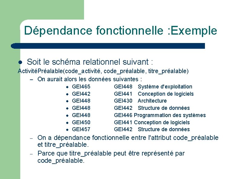 Dépendance fonctionnelle : Exemple l Soit le schéma relationnel suivant : ActivitéPréalable(code_activité, code_préalable, titre_préalable)