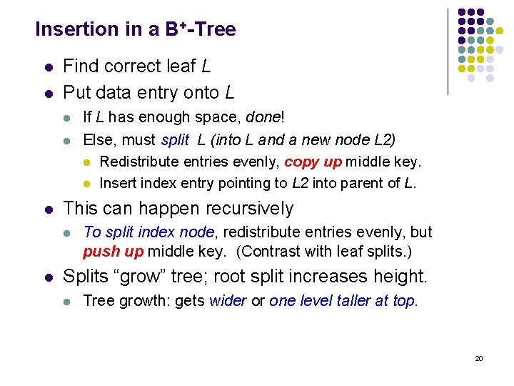 Insertion in a B+-Tree l l Find correct leaf L Put data entry onto