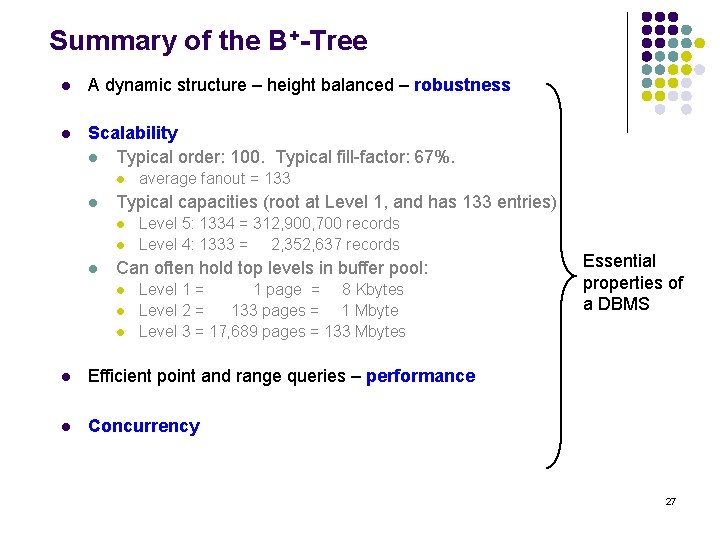 Summary of the B+-Tree l A dynamic structure – height balanced – robustness l