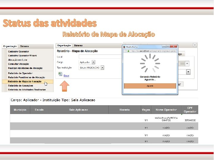 Status das atividades Relatório de Mapa de Alocação 