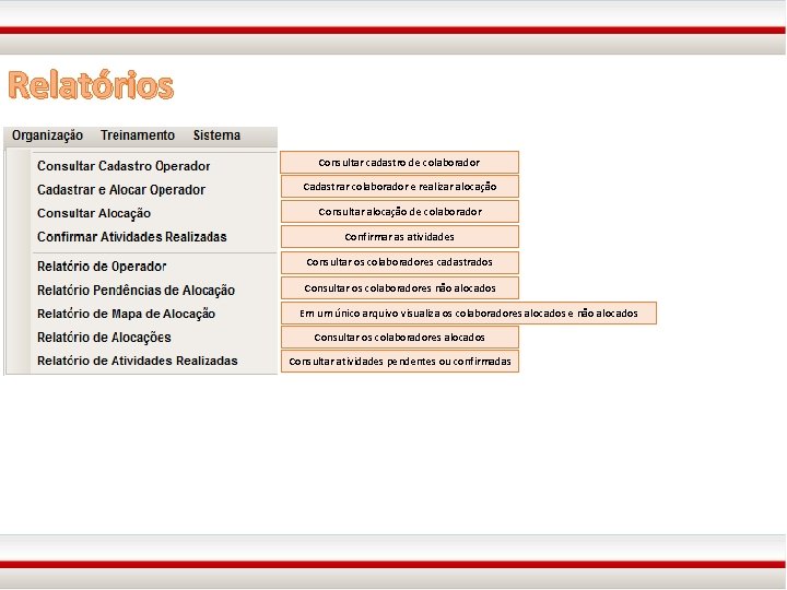 Relatórios Consultar cadastro de colaborador Cadastrar colaborador e realizar alocação Consultar alocação de colaborador