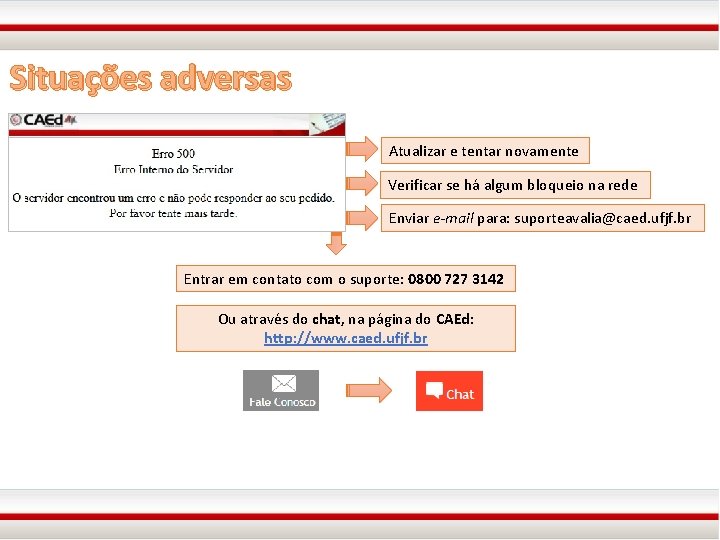 Situações adversas Atualizar e tentar novamente Verificar se há algum bloqueio na rede Enviar
