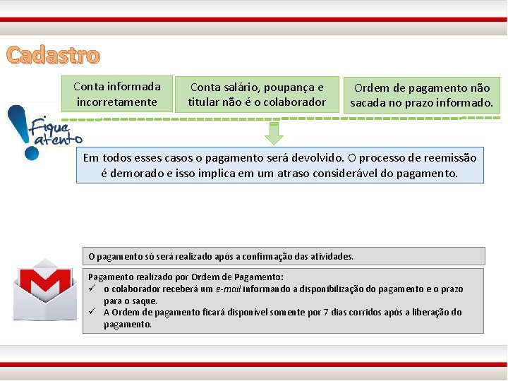 Cadastro Conta informada incorretamente Conta salário, poupança e titular não é o colaborador Ordem