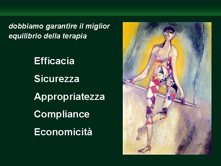 dobbiamo garantire il miglior equilibrio della terapia Efficacia Sicurezza Appropriatezza Compliance Economicità 