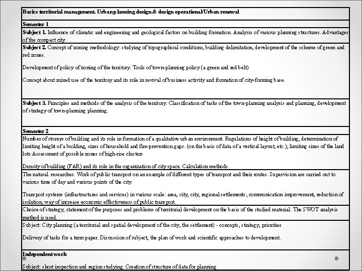 Basics territorial management. Urban planning design & design operational/Urban renewal Semester 1 Subject 1.