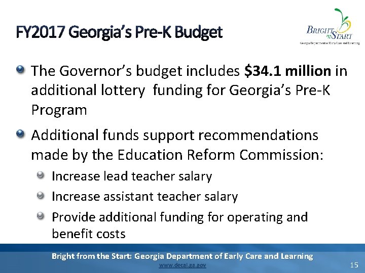 FY 2017 Georgia’s Pre-K Budget The Governor’s budget includes $34. 1 million in additional FY 2017 Georgia’s Pre-K Budget The Governor’s budget includes $34. 1 million in additional