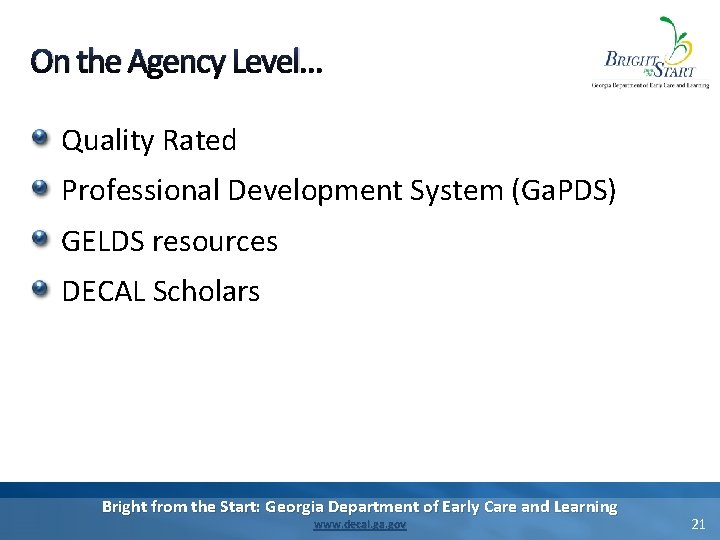 On the Agency Level… Quality Rated Professional Development System (Ga. PDS) GELDS resources DECAL On the Agency Level… Quality Rated Professional Development System (Ga. PDS) GELDS resources DECAL