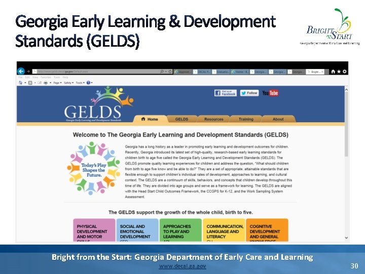 Georgia Early Learning & Development Standards (GELDS) Bright from the Start: Georgia Department of Georgia Early Learning & Development Standards (GELDS) Bright from the Start: Georgia Department of