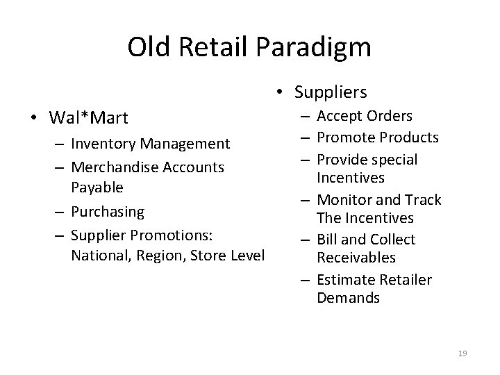 Old Retail Paradigm • Suppliers • Wal*Mart – Inventory Management – Merchandise Accounts Payable