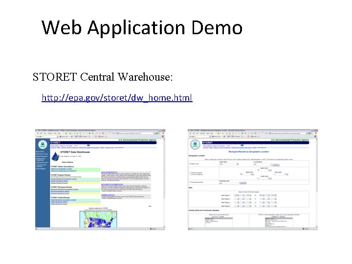 Web Application Demo STORET Central Warehouse: http: //epa. gov/storet/dw_home. html 