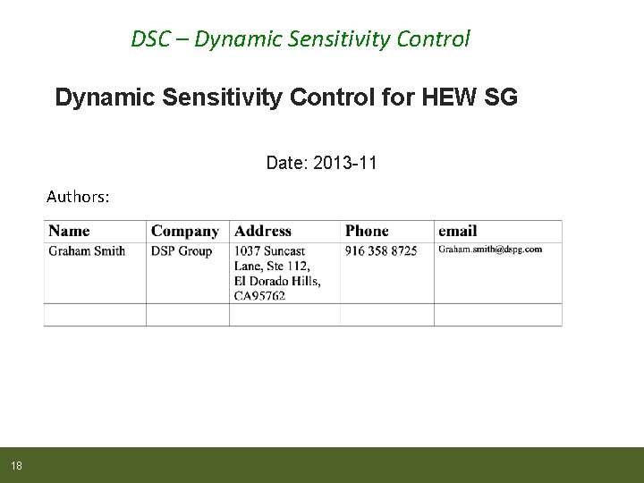 DSC – Dynamic Sensitivity Control for HEW SG Date: 2013 -11 Authors: 18 