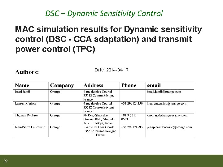 DSC – Dynamic Sensitivity Control MAC simulation results for Dynamic sensitivity control (DSC -