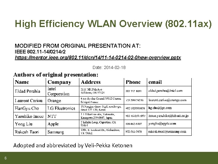 High Efficiency WLAN Overview (802. 11 ax) MODIFIED FROM ORIGINAL PRESENTATION AT: IEEE 802.