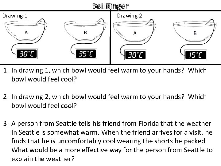 Bell. Ringer Drawing 1 Drawing 2 1. In drawing 1, which bowl would feel