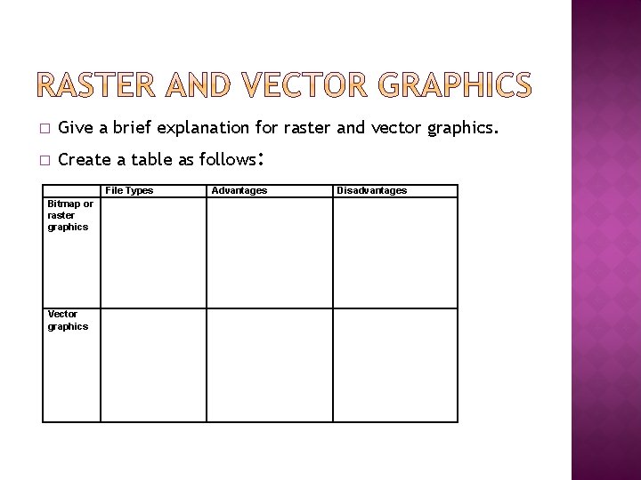 � Give a brief explanation for raster and vector graphics. � Create a table
