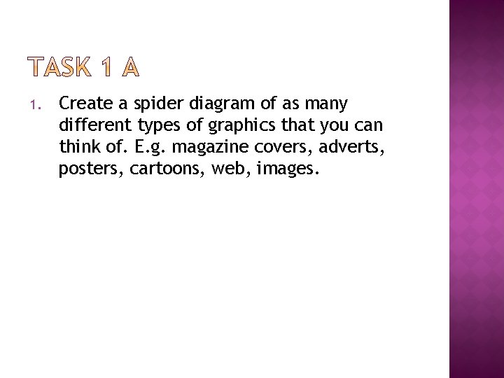 1. Create a spider diagram of as many different types of graphics that you