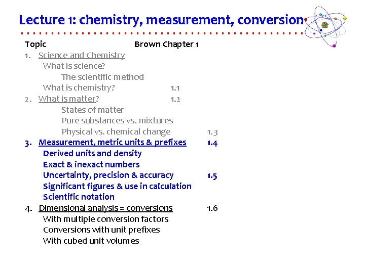 Lecture 1: chemistry, measurement, conversions Topic Brown Chapter 1 1. Science and Chemistry What
