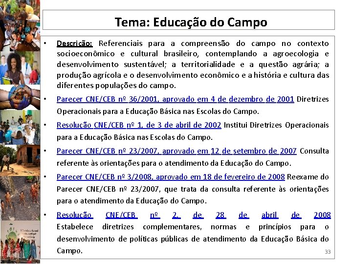 Tema: Educação do Campo • Descrição: Referenciais para a compreensão do campo no contexto