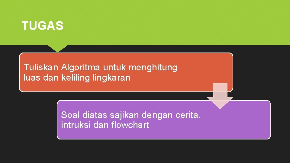 TUGAS Tuliskan Algoritma untuk menghitung luas dan kelilingkaran Soal diatas sajikan dengan cerita, intruksi