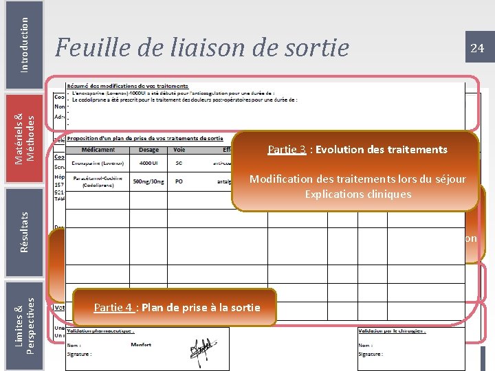 Introduction Feuille de liaison de sortie 24 Matériels & Méthodes § Rédaction d’une feuille