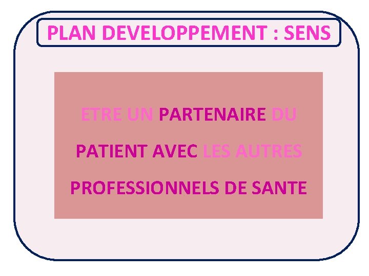 PLAN DEVELOPPEMENT : SENS ETRE UN PARTENAIRE DU PATIENT AVEC LES AUTRES PROFESSIONNELS DE